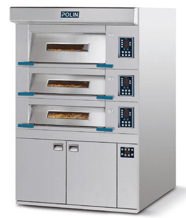 stainless steel deck oven for commercial kitchen with four separate chambers, three chambers have glass panels on doors